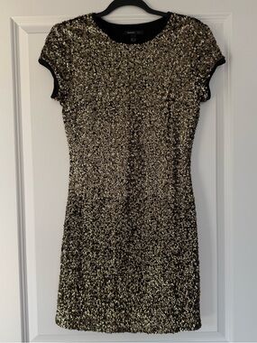 Mango Black Trim Gold Sequin Mini Dress